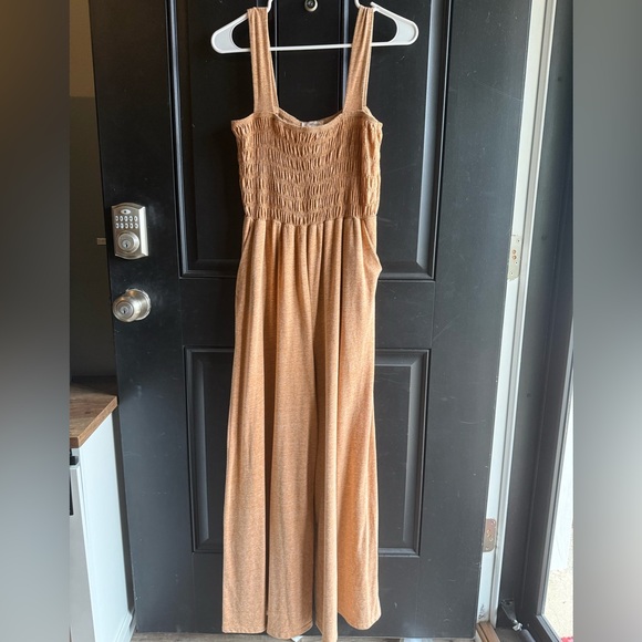 Tan Smocked Wide Leg Jumpsuit Size Medium - Picture 2 of 11